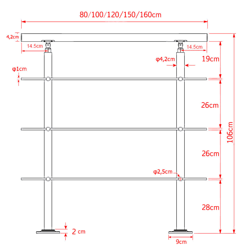Trapleuning RVS | Dubbele staander | 80 cm | 3 dwarsbalken