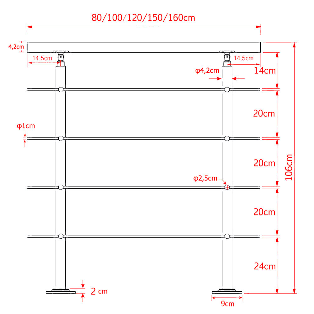 Trapleuning RVS | Dubbele staander | 100 cm | 4 dwarsbalken