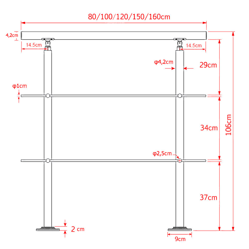 Trapleuning RVS | Dubbele staander | 140 cm | 2 dwarsbalken