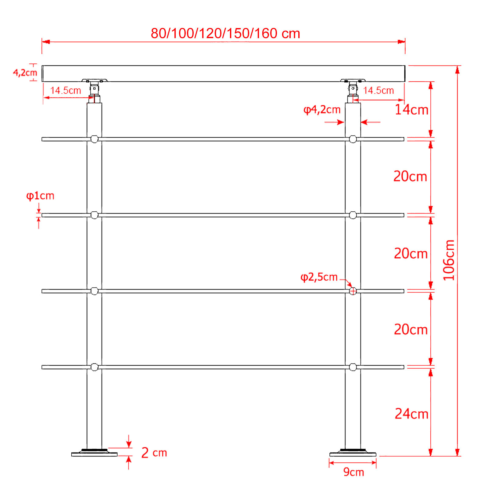 Trapleuning RVS | Dubbele staander | 180 cm | 4 dwarsbalken