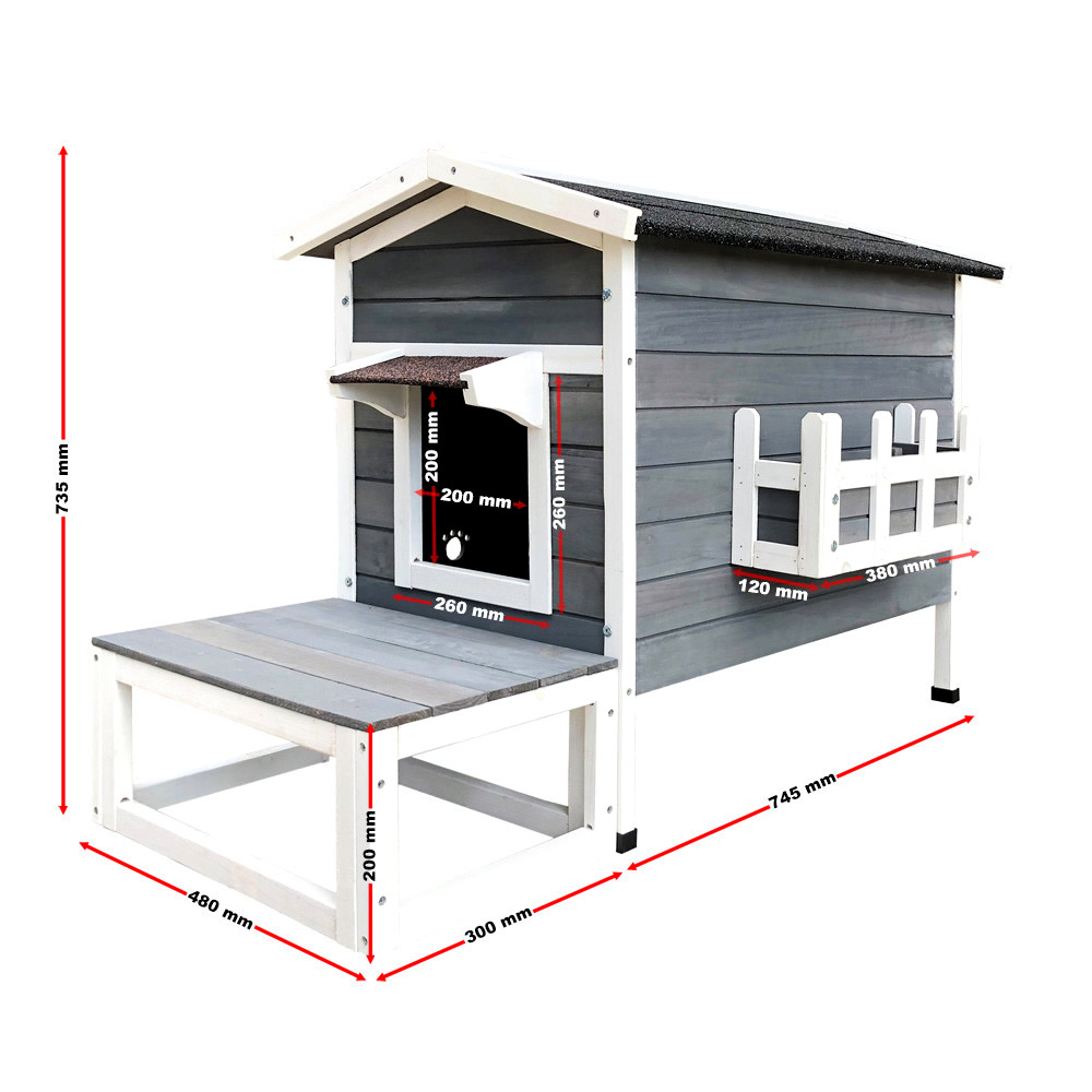 Kattenhuis hout | Met veranda | 105 x 58 x 74 cm | Wit/Grijs