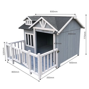 Hondenhok hout | Met veranda | 105 x 94 x 78 cm | Wit/Blauw