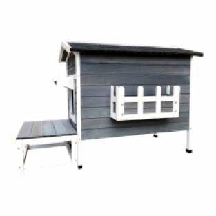 Kattenhuis hout | Met veranda | 105 x 58 x 74 cm | Wit/Grijs